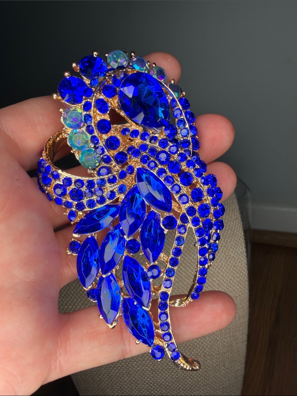 Gold-Tone Women’s Statement Brooch with Deep Blue Crystals